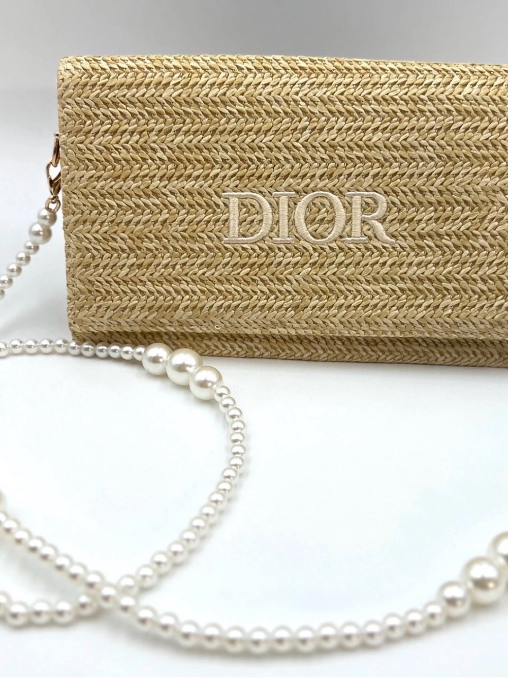 Dior Beige Straw Clutch with Pearl Strap